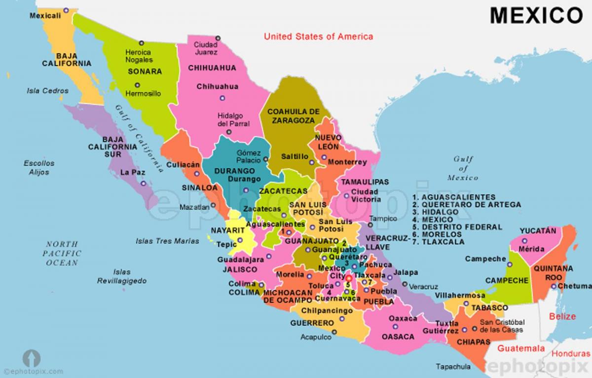 Meksika karte ar valstīm un to galvaspilsētām